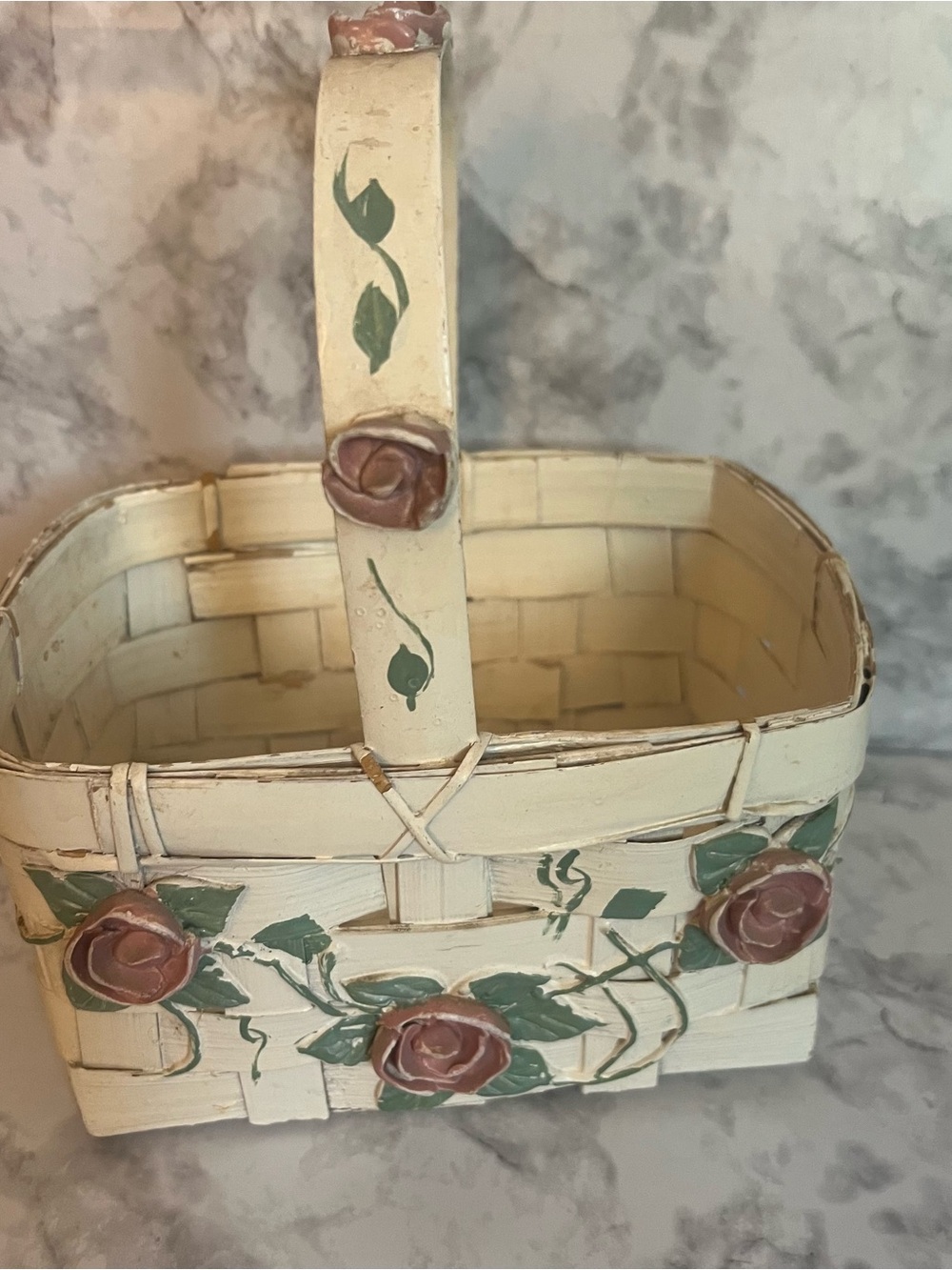 Vintage Cream Woven Basket with Pink Rose Accents